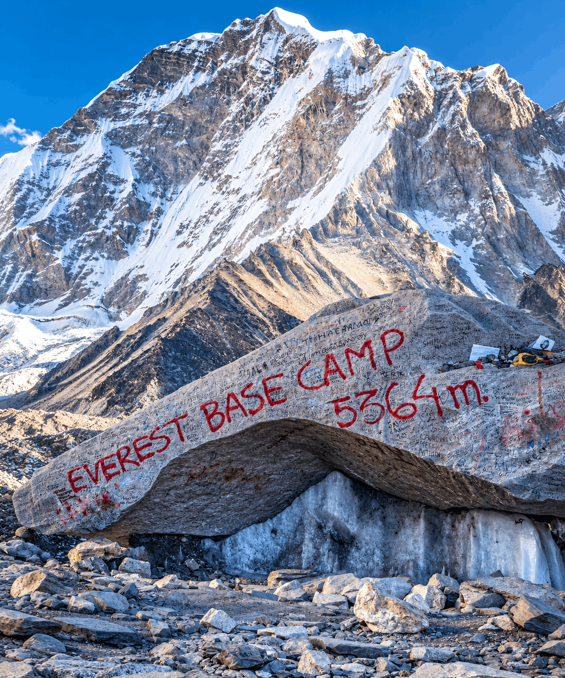 A trail marker reading 'Everest Base Camp 5364m' against a clear sky