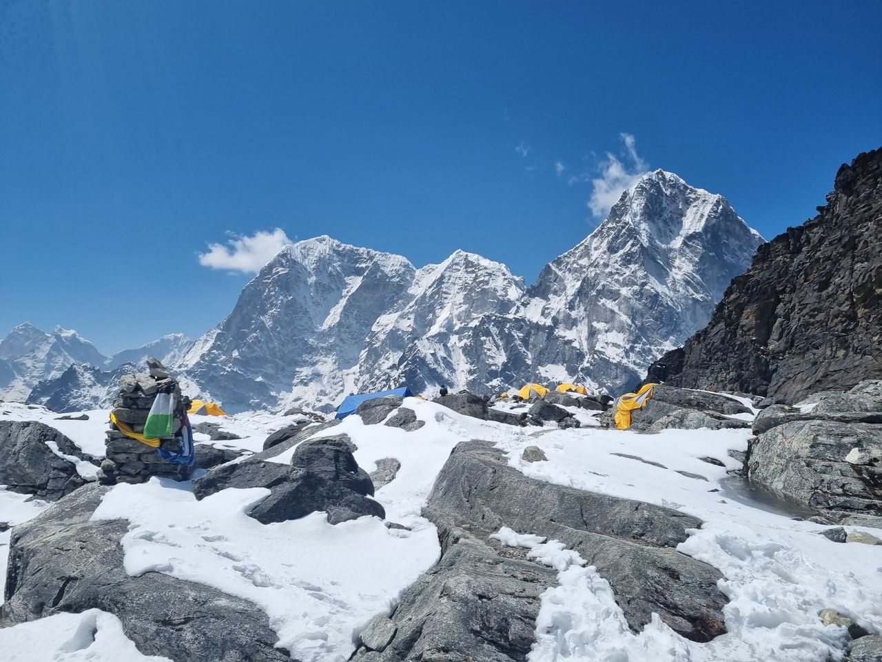 Tents pitched at Everest Base Camp beneath snow-capped peaks