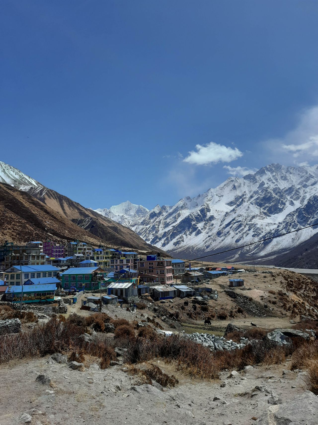 Kyanjin Gompa's colourful rooftops in the Langtang valley, snow peaks behind