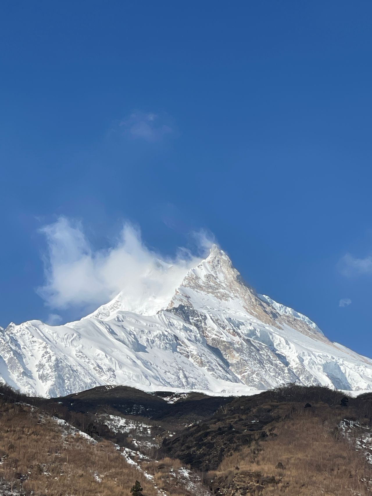 Manaslu's summit wreathed in cloud above a ridge of scrub