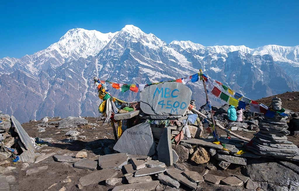 The Mardi Himal base camp marker strung with prayer flags, snow peaks behind