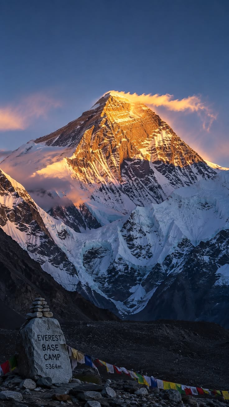 Everest lit gold at sunrise above a sea of cloud
