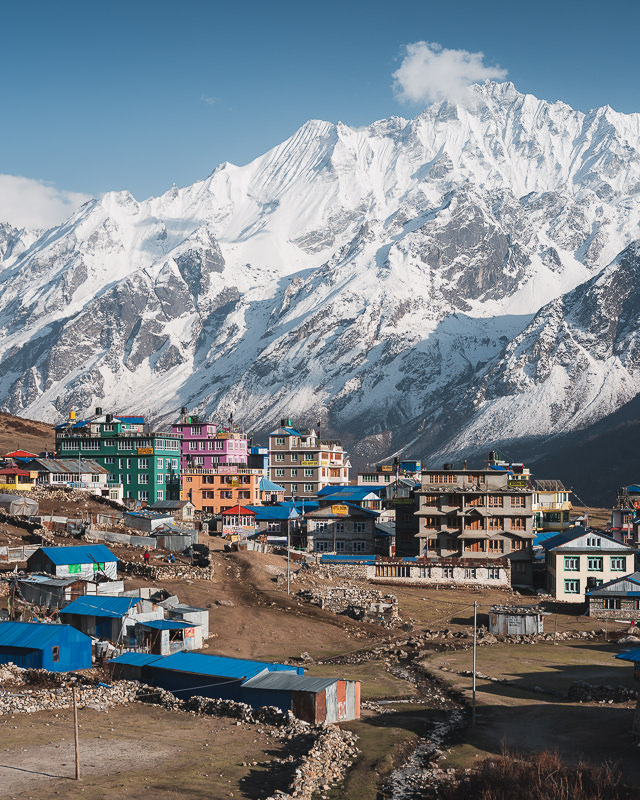 Kyanjin Gompa’s guesthouses below the snow-capped Langtang range