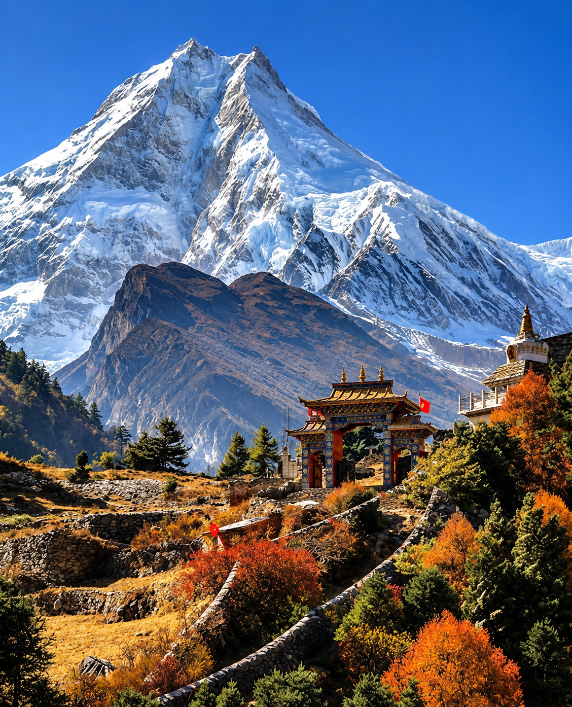 The Manaslu massif above a monastery gate and autumn forest