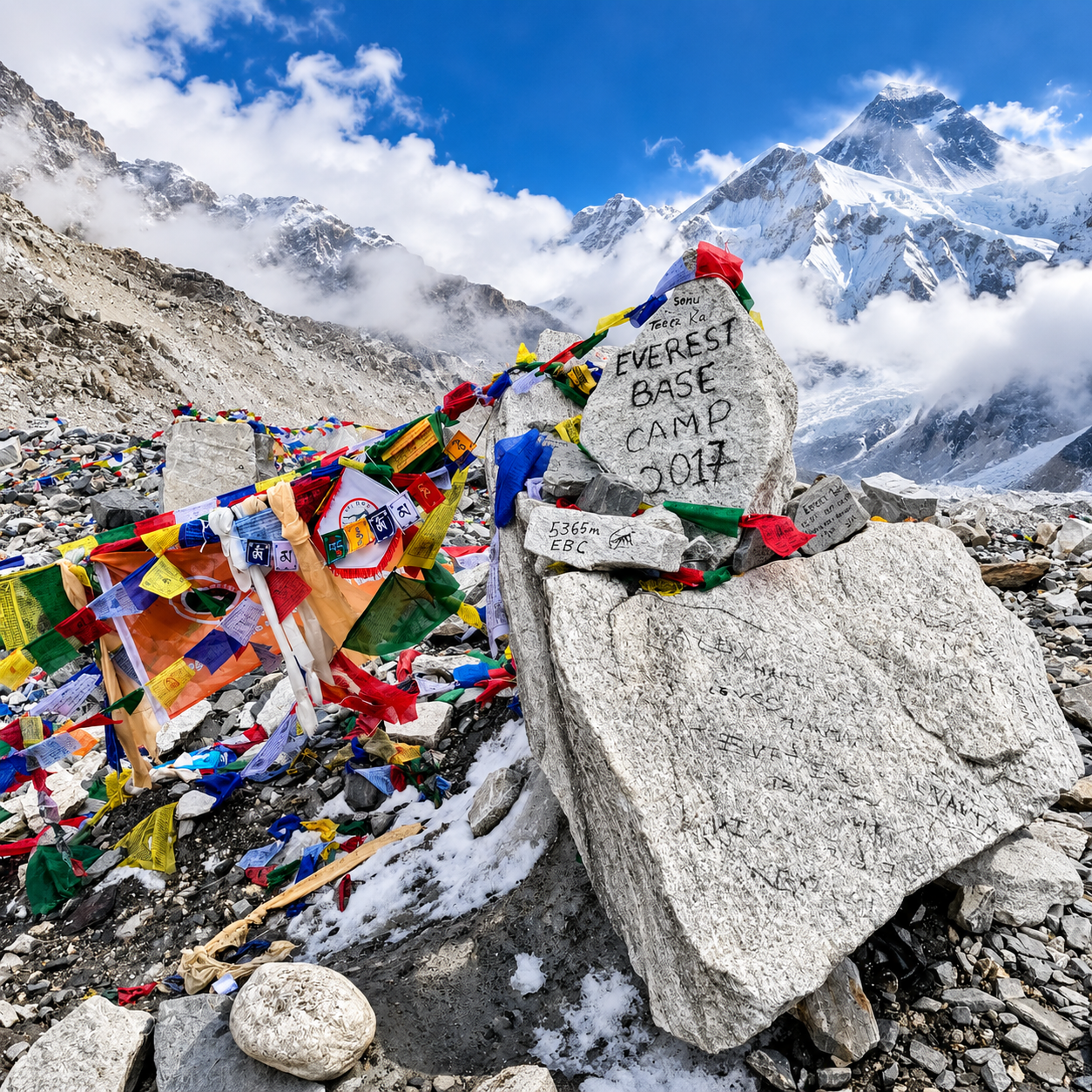 A stone marker at Everest Base Camp strung with prayer flags, snow peaks behind